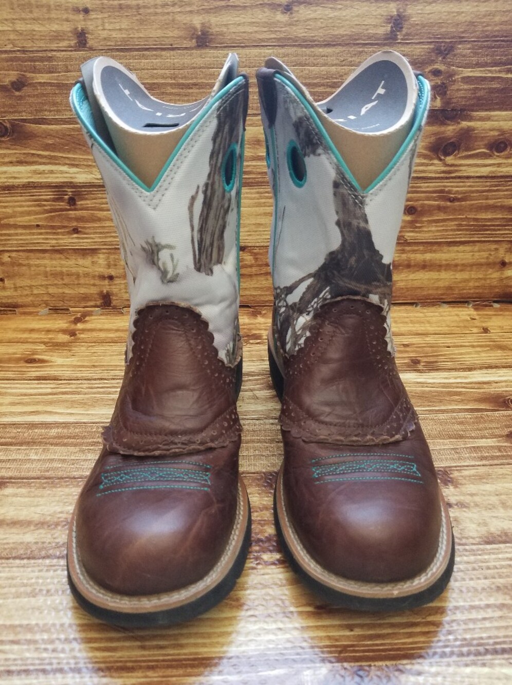 Ariat Fatbaby Camo Western Boots Brown Teal Leather Cowgirl 9.5 B 10009503 Boxed
